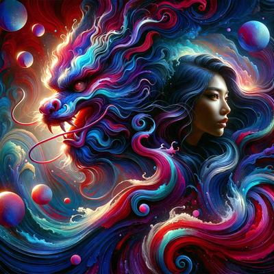 The primary subject of the image is a woman with long, flowing hair. She is surrounded by a vibrant and colorful background, which includes a dragon and various other elements. The visual style of the image is digital art, with the woman's hair and the dragon being the main focus of the composition. The colors and mood of the image are lively and energetic, with the woman's hair being a prominent feature in the scene.